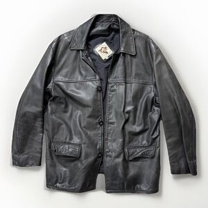 Vintage Full Grain Genuine Leather Button Up Jacket Mens 42 L Black Casual Heavy